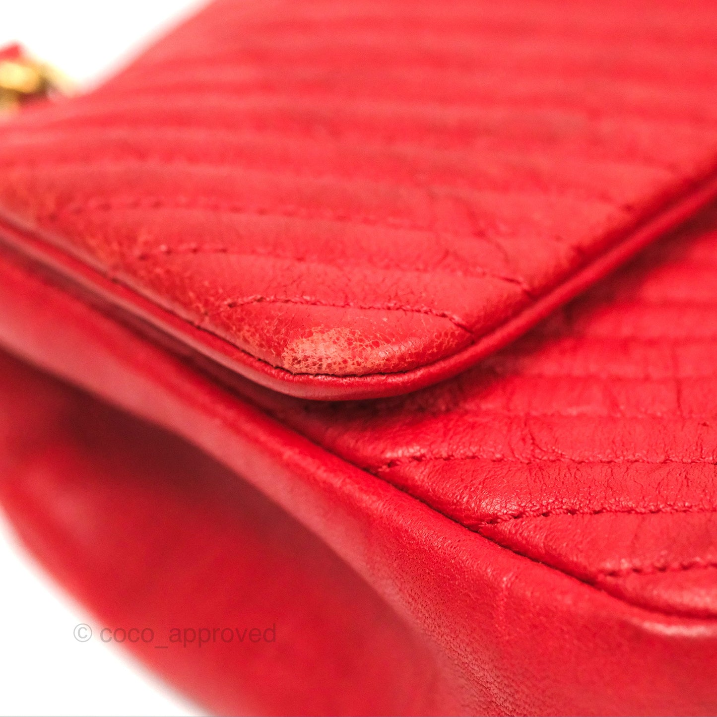 Chanel Small Chevron Surpique Flap Red Calfskin Aged Gold Hardware