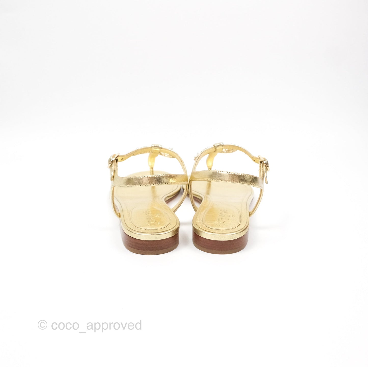 Chanel CC  Gold Metallic Leather Stone Thong Sandals Size 35