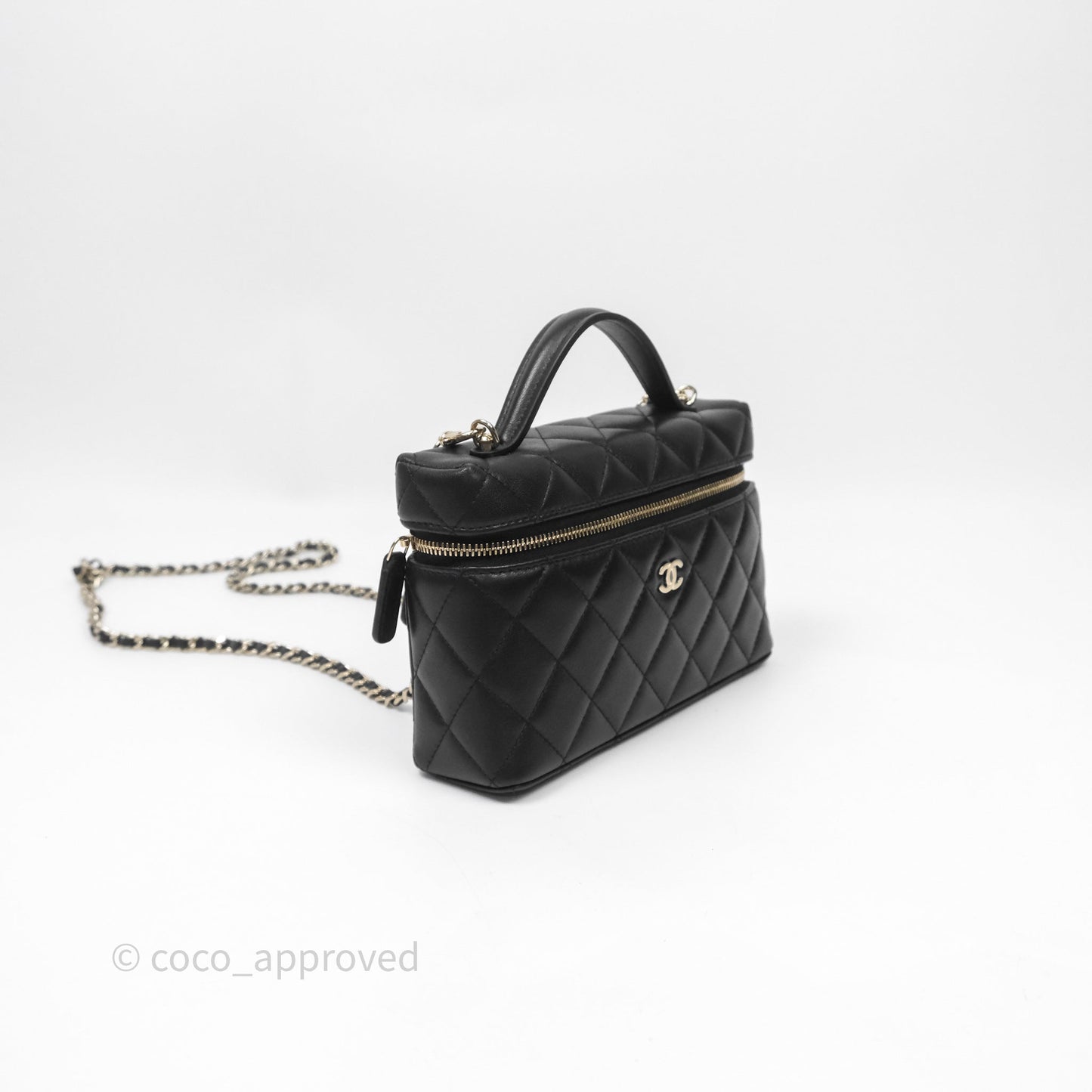 Chanel Top Handle Long Vanity with Chain Black Lambskin Gold Hardware