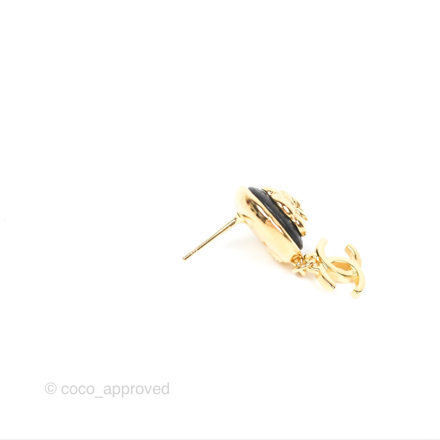 Chanel Black Round Camellia CC Earrings Gold Tone 22A