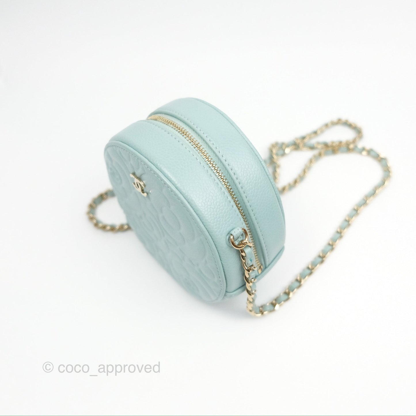 Chanel Camellia Embossed Round Clutch With Chain Light Tiffany Blue Caviar