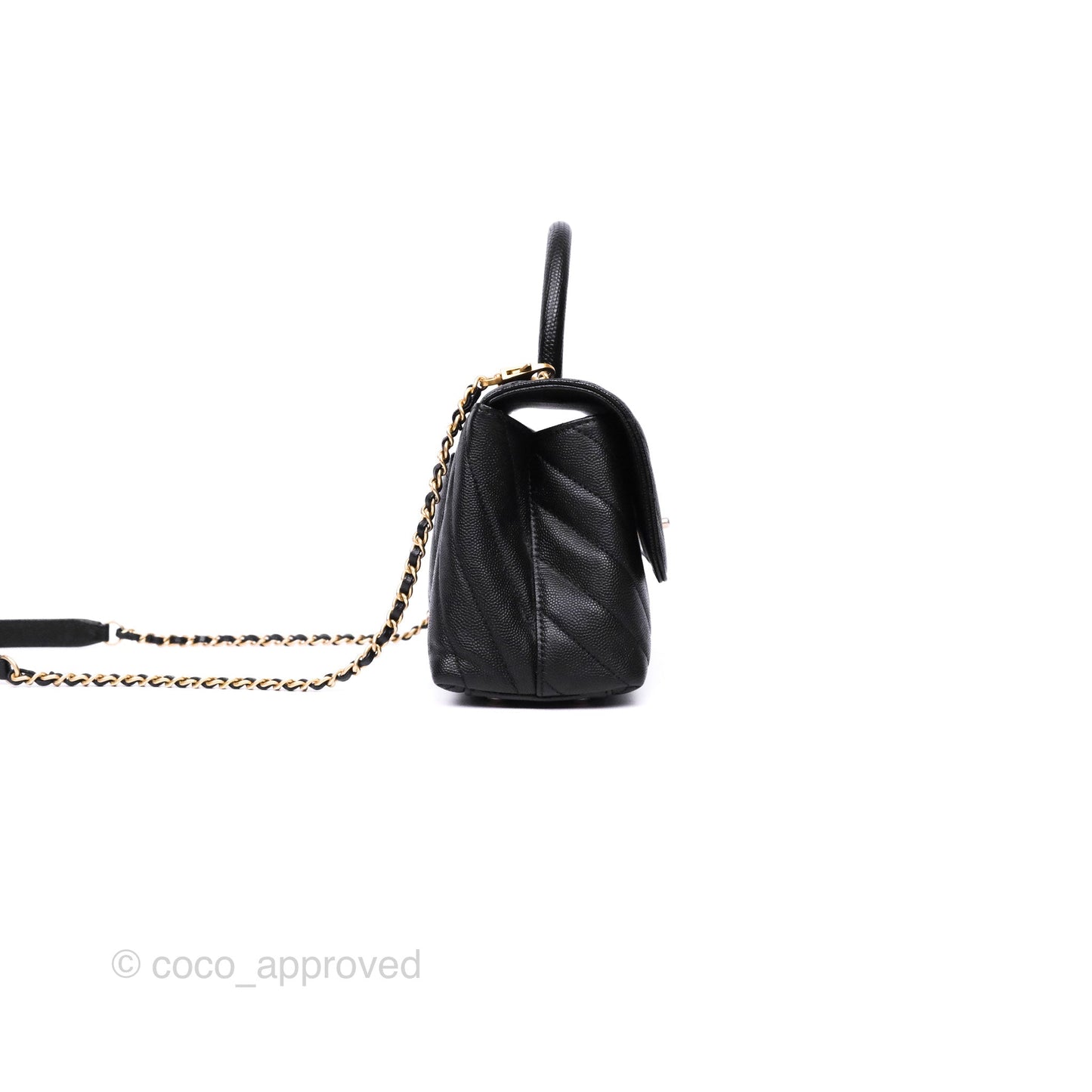 Chanel Small Coco Handle Chevron Black Caviar Aged Gold Hardware Lizard Handle