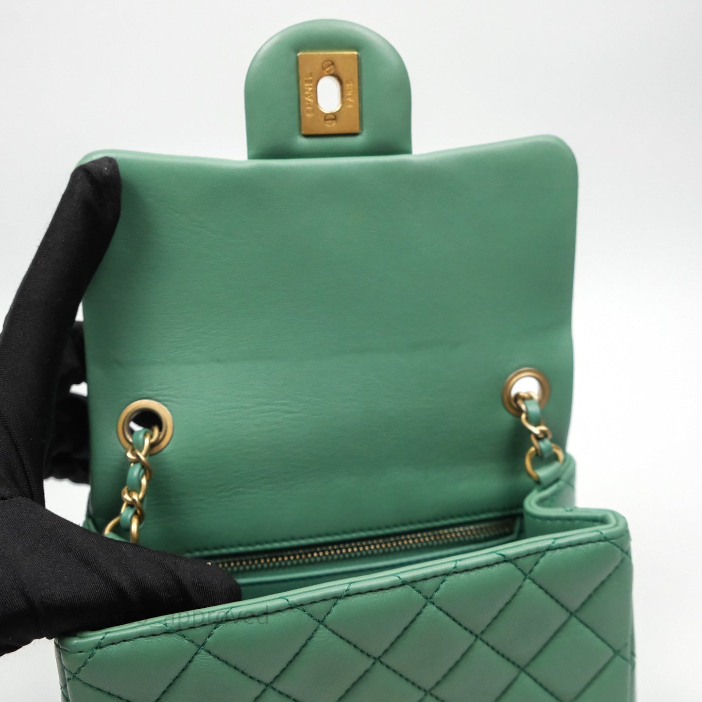 Chanel Pearl Crush Mini Square Quilted Green Lambskin Aged Gold Hardware