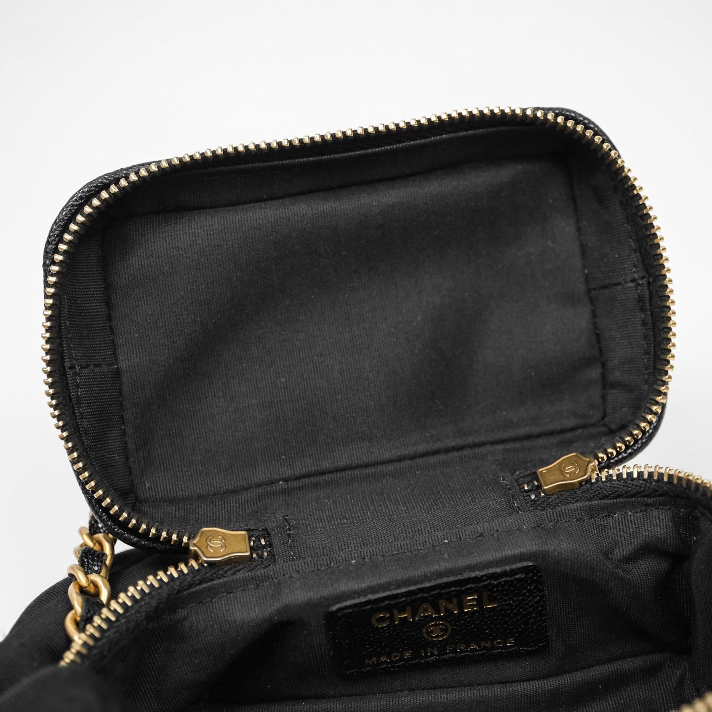 Chanel Quilted Mini Top Handle Vanity With Chain Black Caviar Aged Gold Hardware