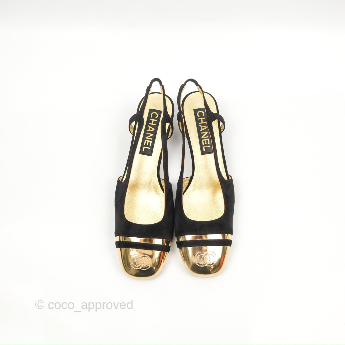 Chanel CC Slingback Heels Black Gold Size 37