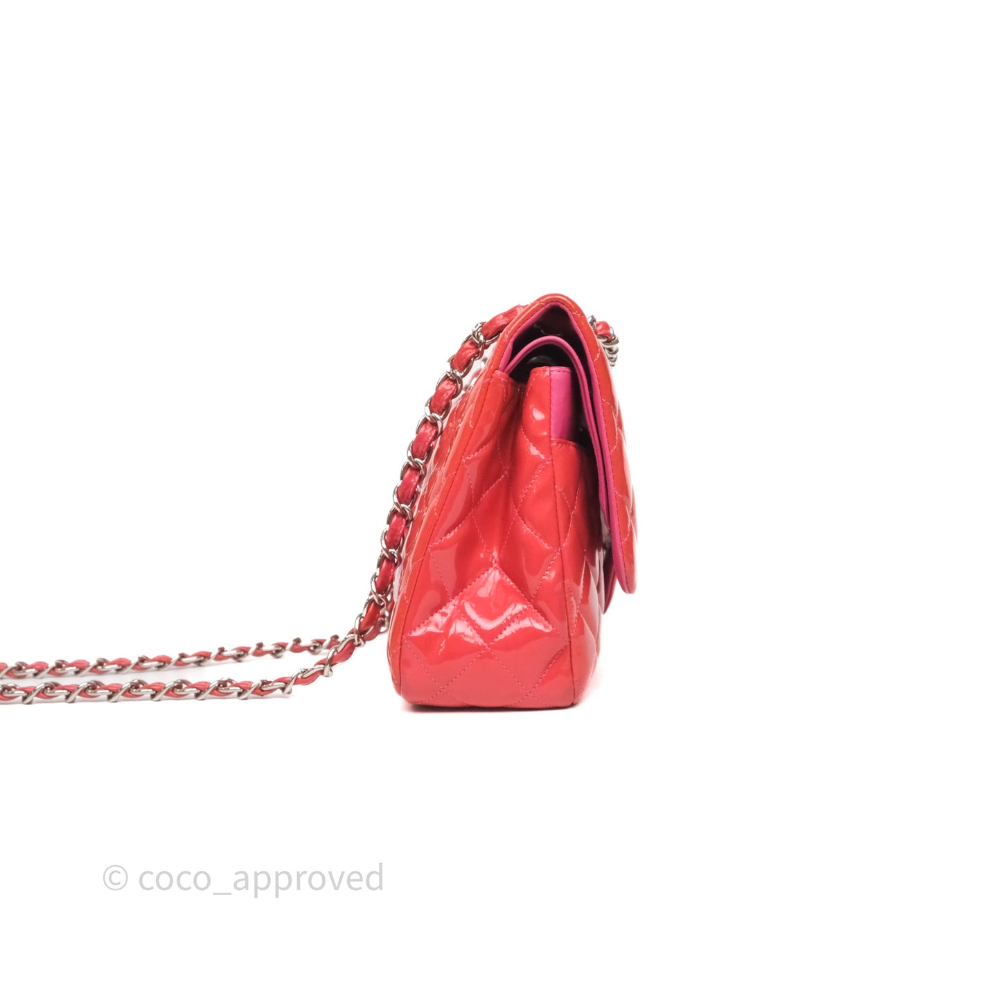 Chanel Jumbo Double Flap Red Orange Patent Silver Hardware⁣⁣