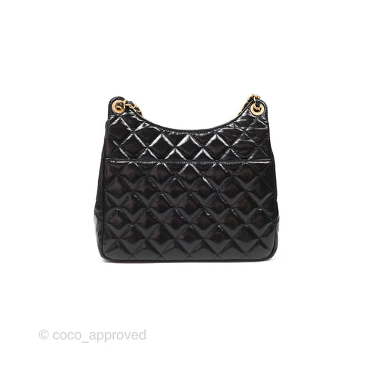 Chanel Medium Quilted Wavy CC Hobo Black Patent Aged Gold Hardware
