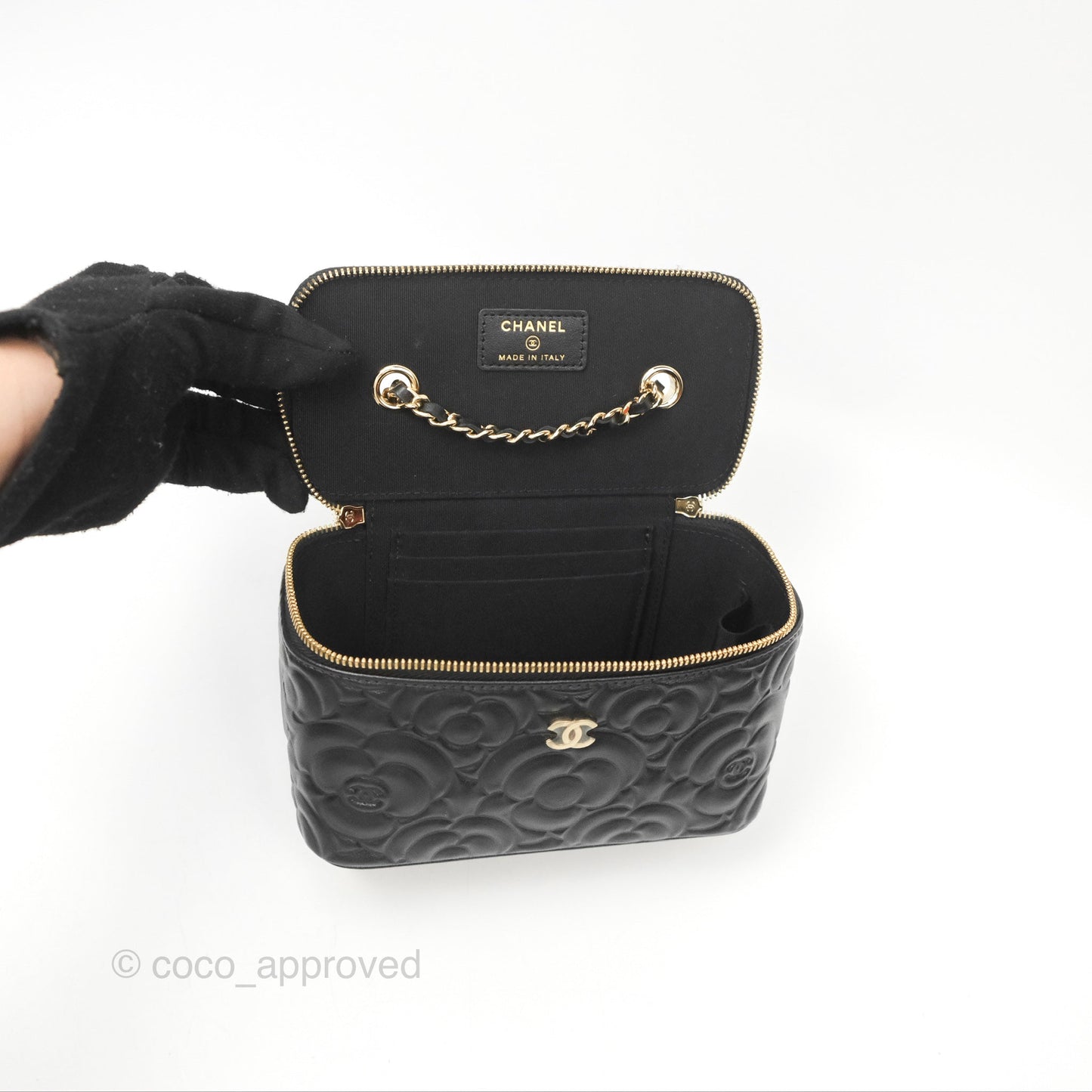 Chanel Vanity Rectangular Camellia Embossed Black Lambskin Gold Hardware 21S