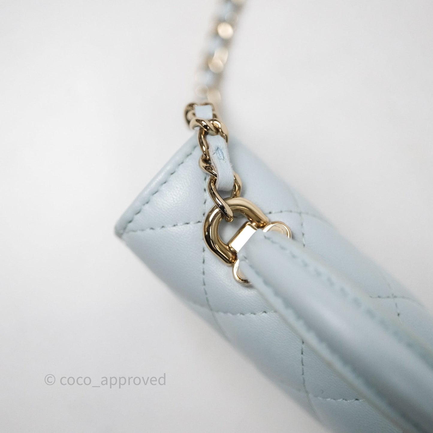 Chanel Mini Handle Flap Coin Purse With Chain Light Blue Lambskin Gold Hardware