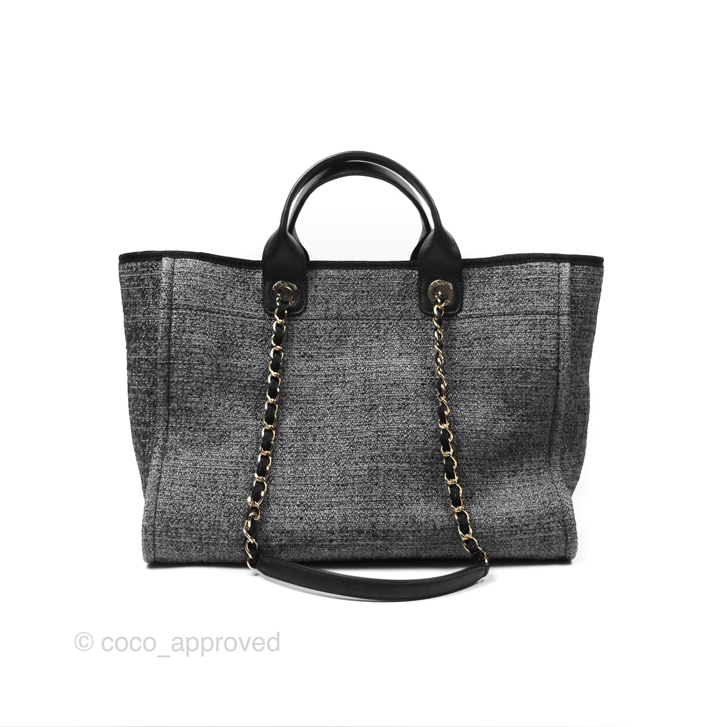 Chanel Large Deauville Glitter Black Grey Raffia Gold Hardware