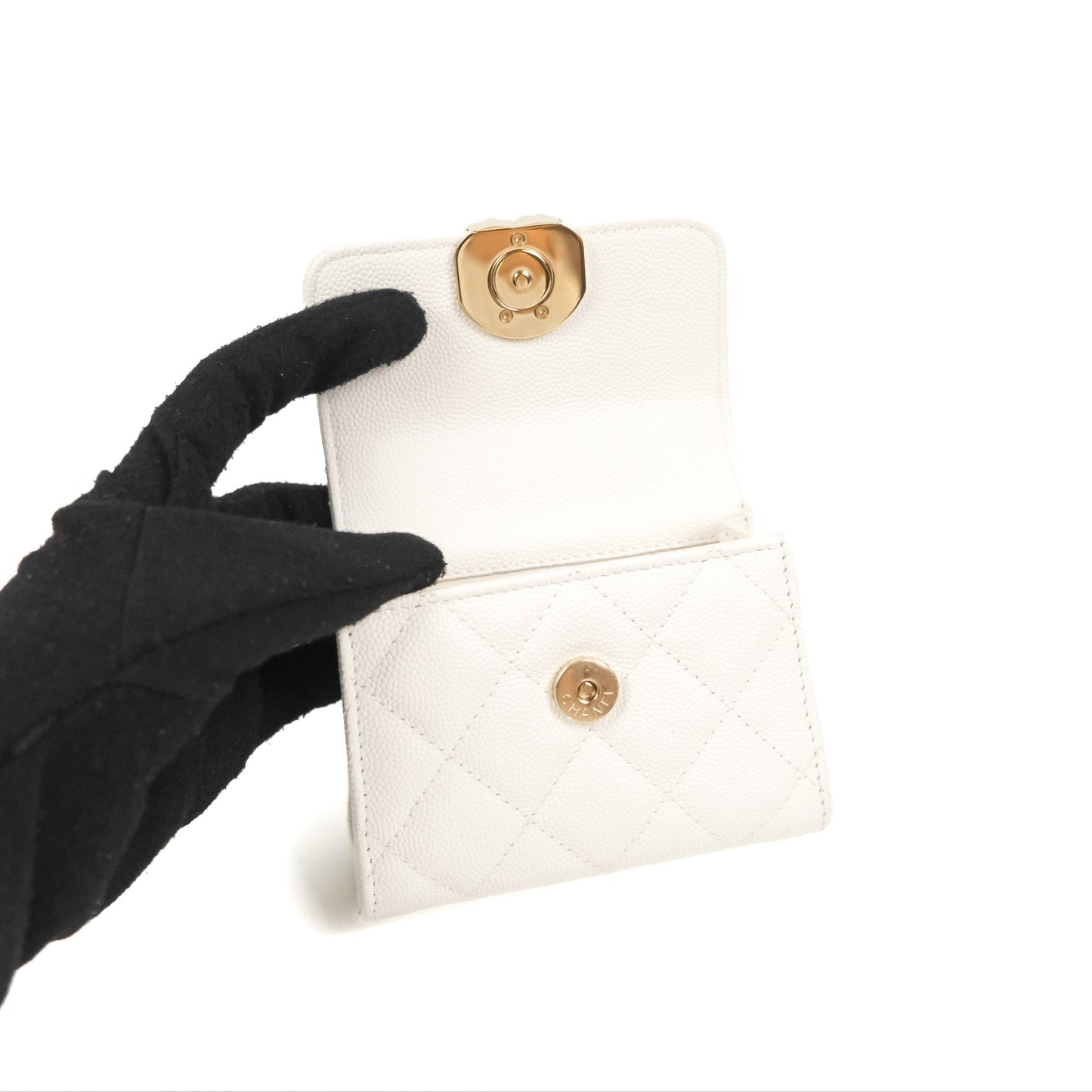 Chanel Mini Top Handle Clutch with Chain White Caviar Light Gold Hardware 23P