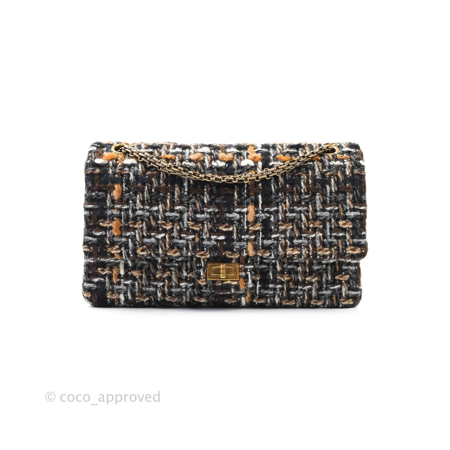 Chanel Quilted Reissue 226 Tweed Navy Brown Aged Gold Hardware