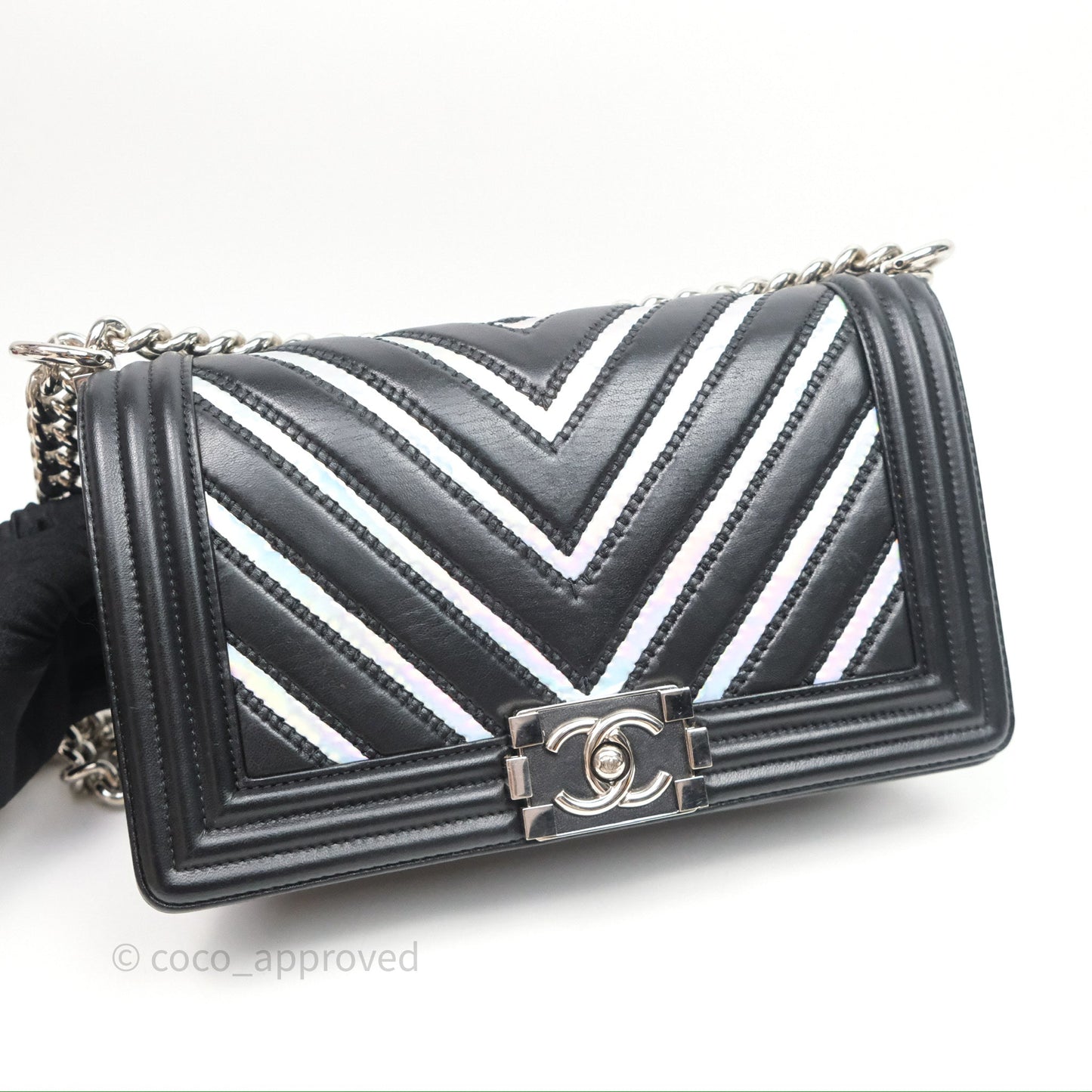 Chanel Medium Boy Chevron Iridescent PVC Lambskin Black Silver Hardware