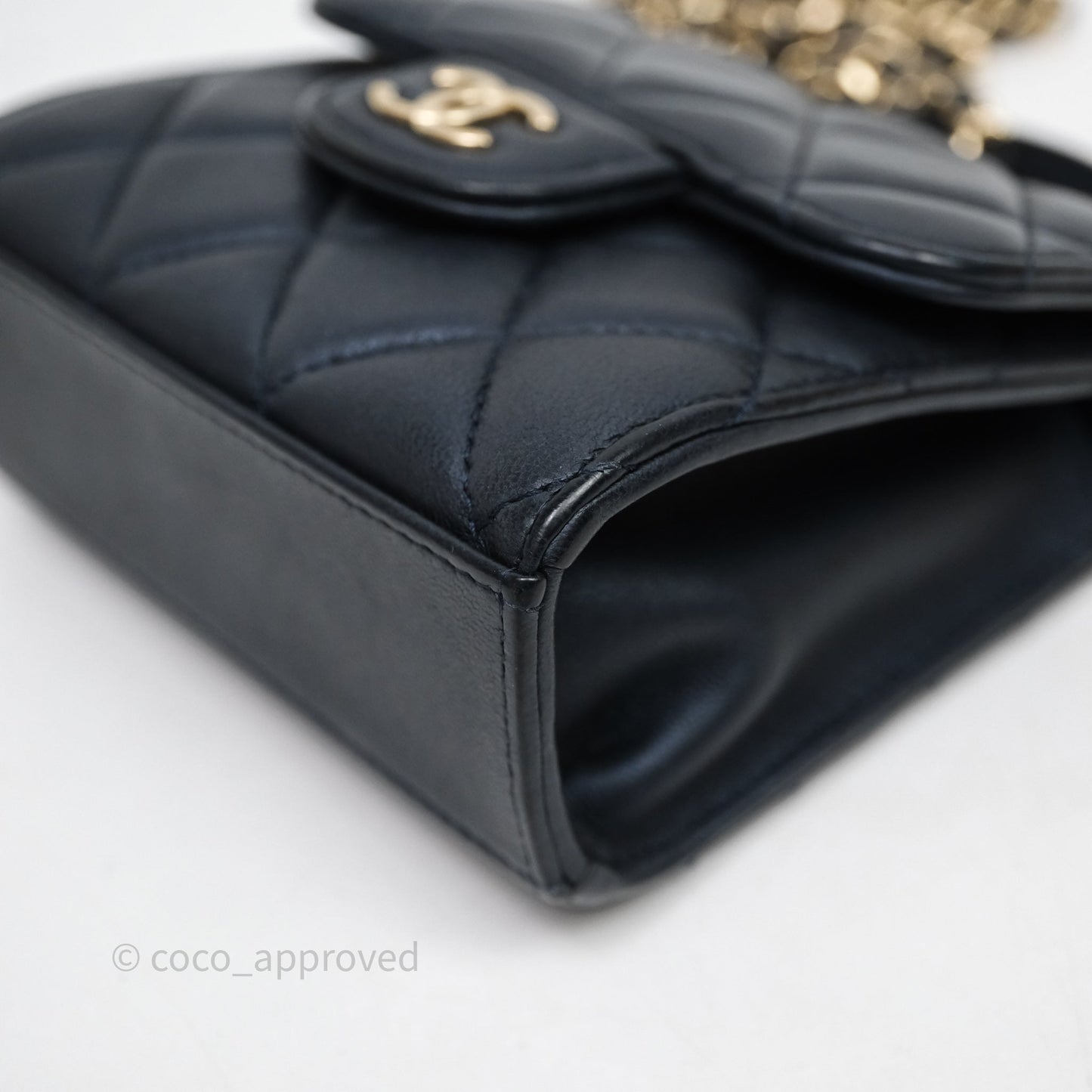 Chanel Mini Handle Clutch With Chain Iridescent Dark Navy Lambskin Gold Hardware