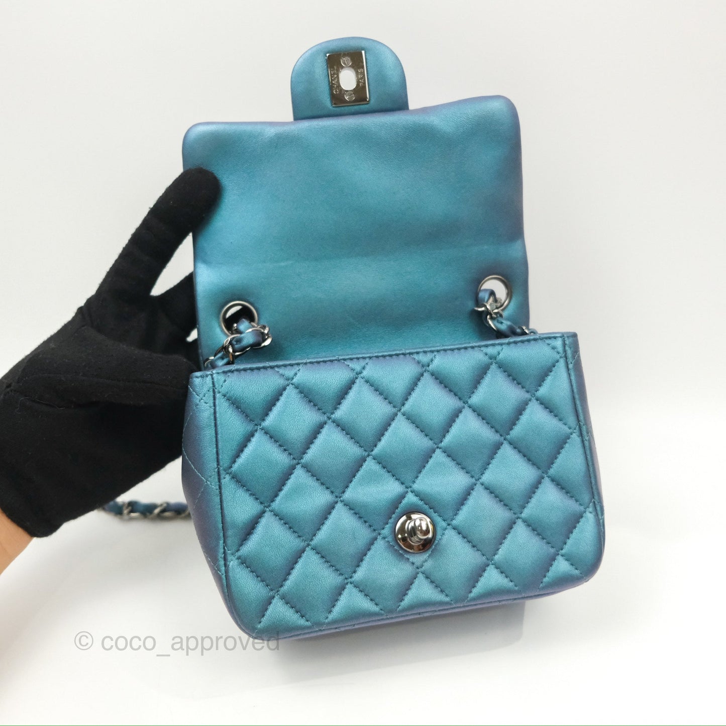 Chanel Mini Square Flap Quilted Iridescent Teal Lambskin Gun Metal
