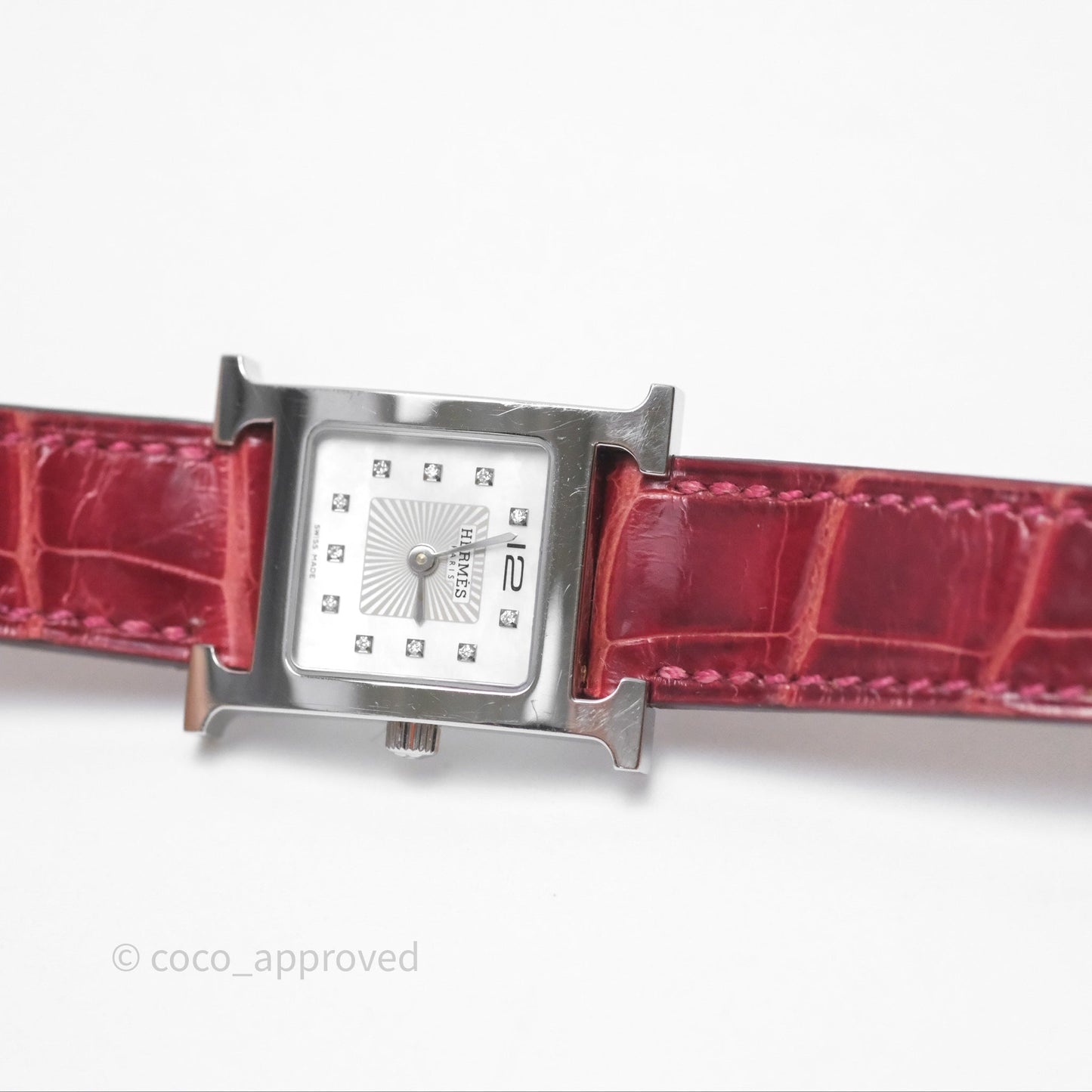 Hermès Heure H Watch Diamond Red Alligator Palladium Hardware