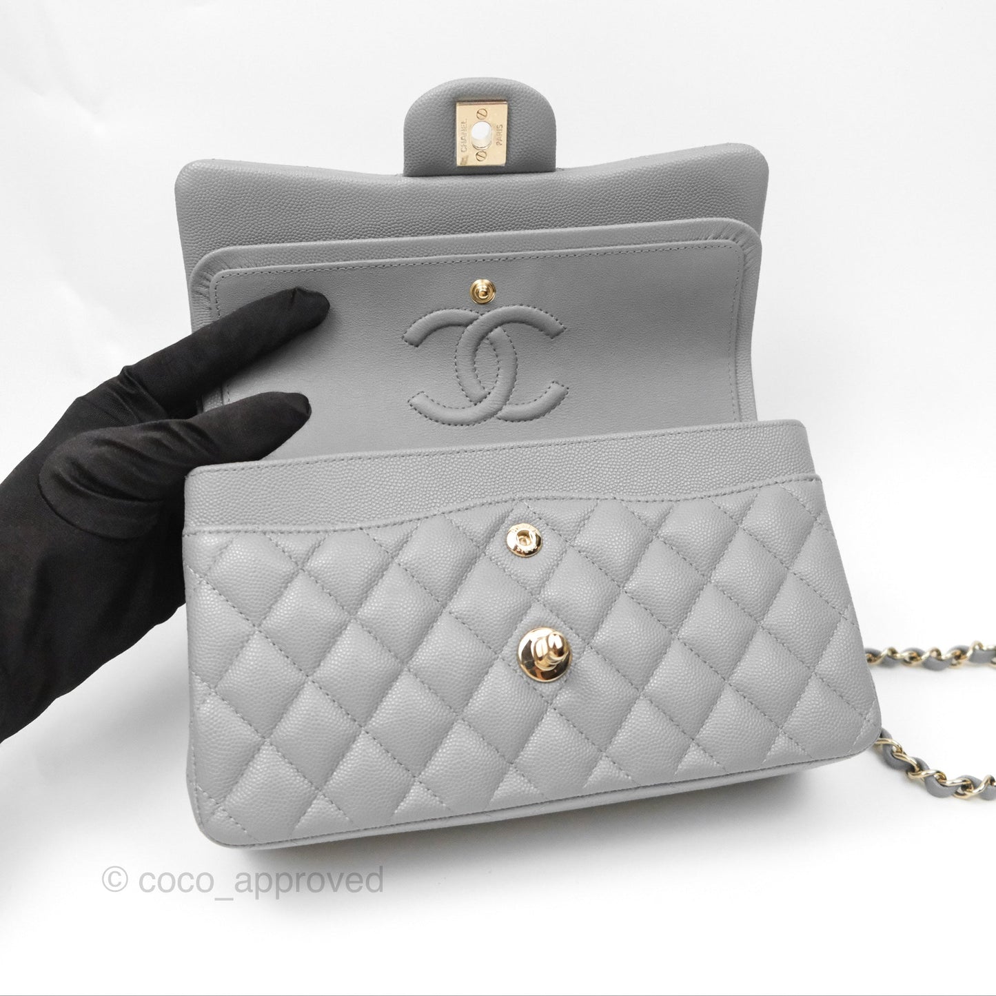 Chanel Small Classic Quilted Flap Grey Caviar Gold Hardware