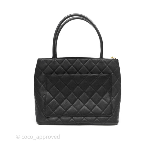 Chanel Vintage Medallion CC Black Caviar Tote Bag Gold Hardware