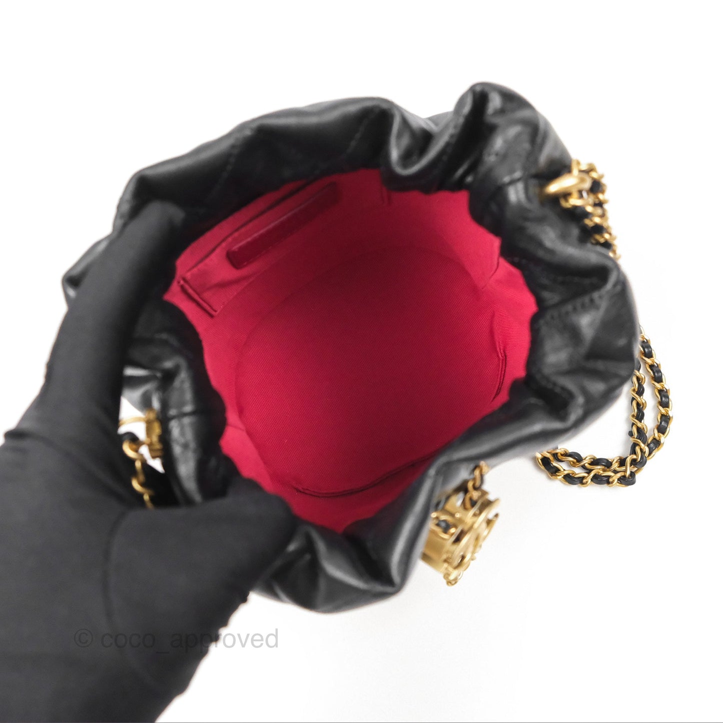 Chanel Quilted My Perfect with Pearl Drawstring Bucket Bag Black Lambskin Aged Gold Hardware