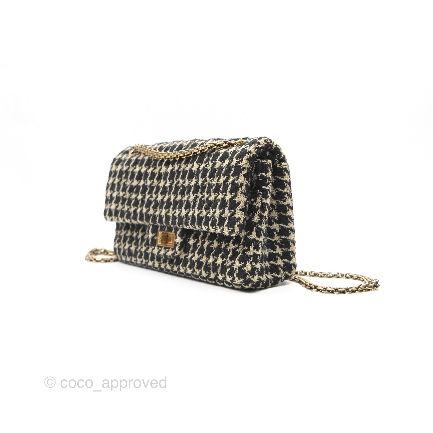 Chanel Reissue 225 Flap Houndstooth Beige Black Fabric Antique Gold Hardware