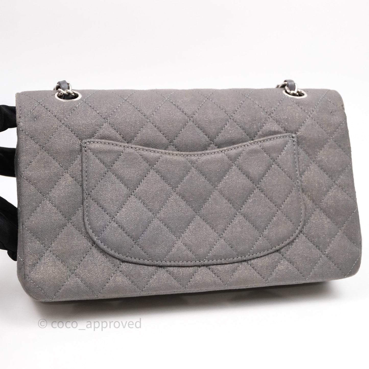 Chanel Classic M/L Medium Flap Quilted Iridescent Metallic Grey Canvas Silver Hardware