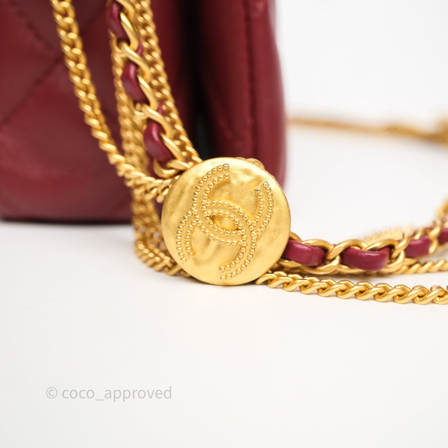 Chanel Quilted Accordion Flap Bag with Button on Chain Burgundy Lambskin Aged Gold Hardware 22A
