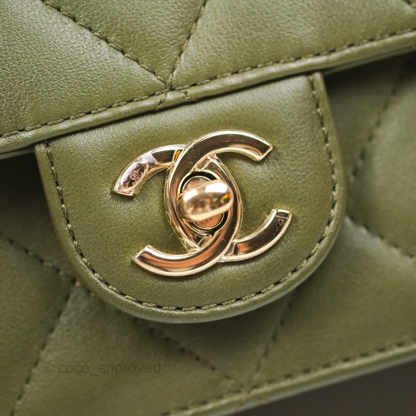 Chanel Small Coco Lady Quilted Flap Bag With Top Handle Olive Green Calfskin Gold Hardware