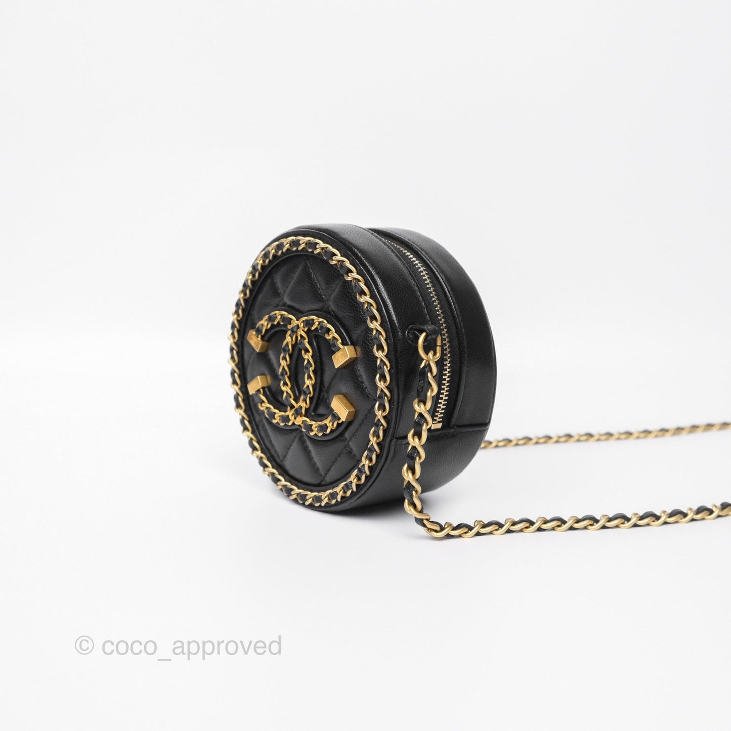 Chanel Chained Round Filigree Clutch With Chain Black Lambskin Gold Hardware