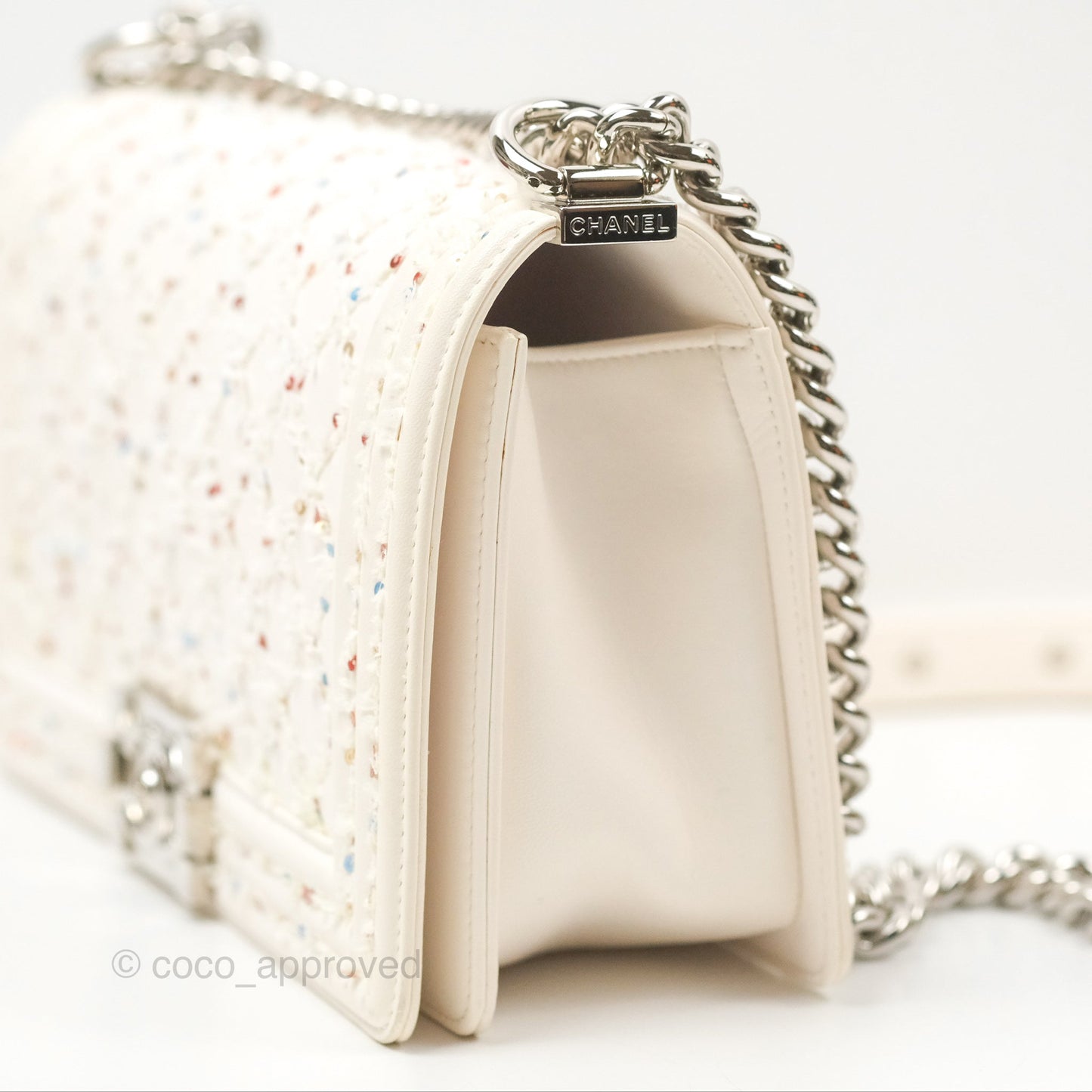 Chanel Medium Boy Sequins Quilted White Lambskin Silver Hardware