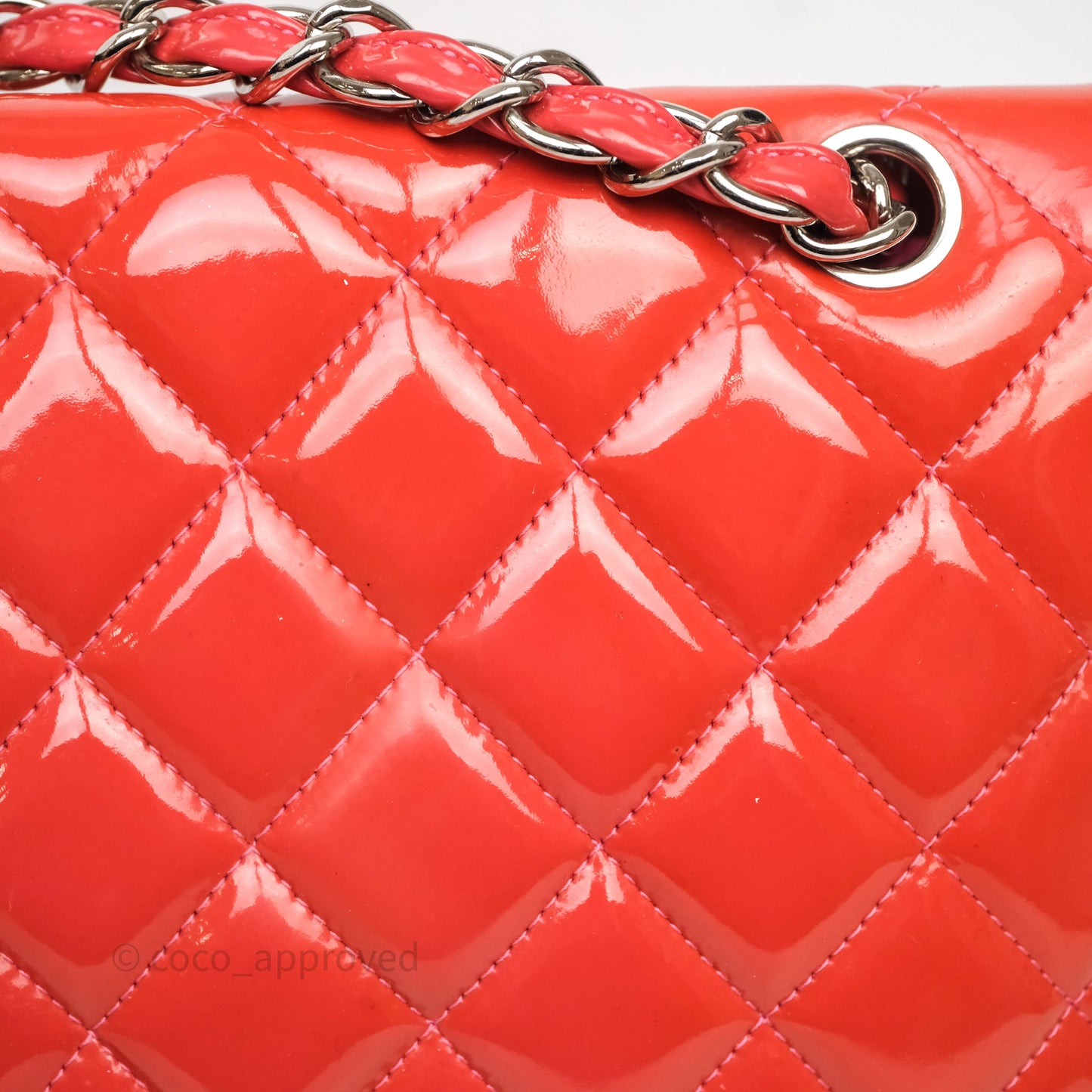 Chanel Jumbo Double Flap Red Orange Patent Silver Hardware⁣⁣