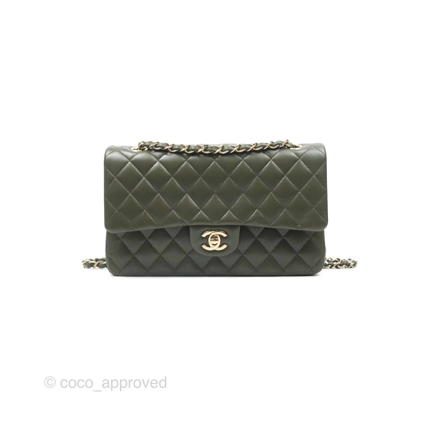 Chanel Classic M/L Medium Flap Quilted Lambskin Army Green Gold Hardware