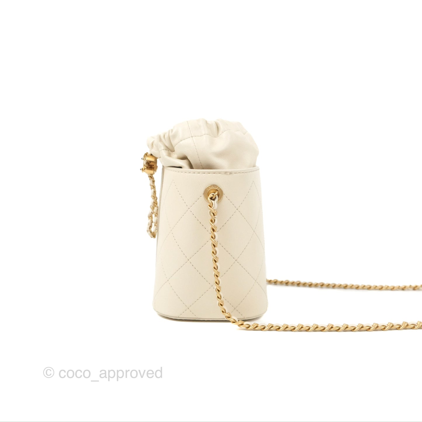 Chanel Quilted Drawstring Bucket Bag Ivory Lambskin Aged Gold Hardware 19C