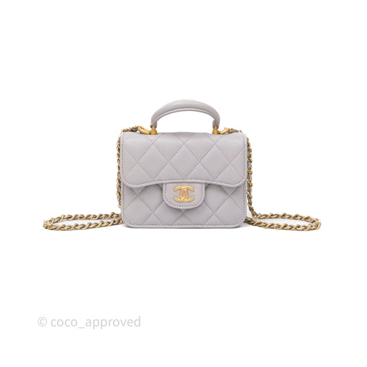 Chanel Mini Handle Flap Coin Purse With Chain Grey Lambskin Aged Gold Hardware