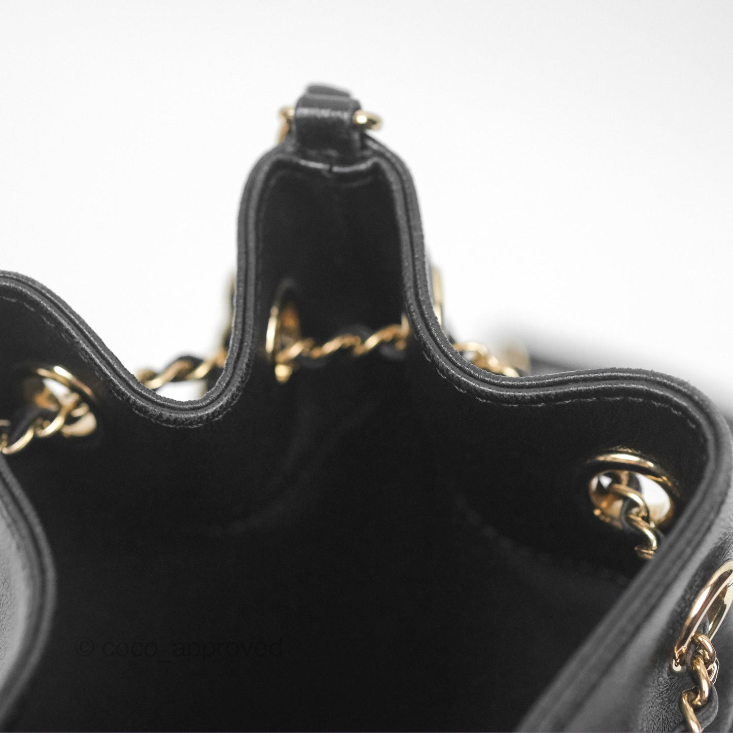Chanel CC Chain Drawstring Bucket Bag Chevron Black Lambskin Gold Hardware