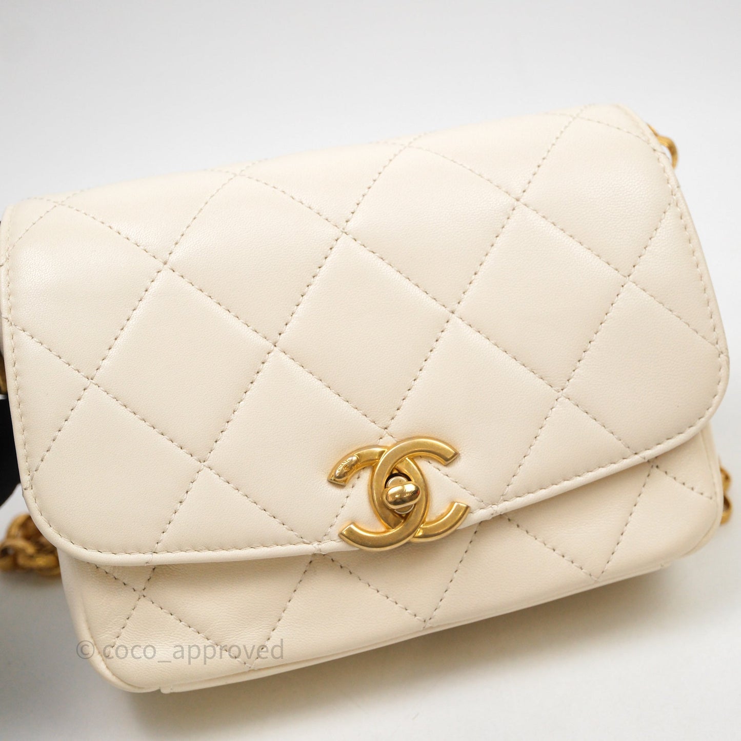 Chanel Flap with Coin Charm Ivory White Lambskin Aged Gold Hardware