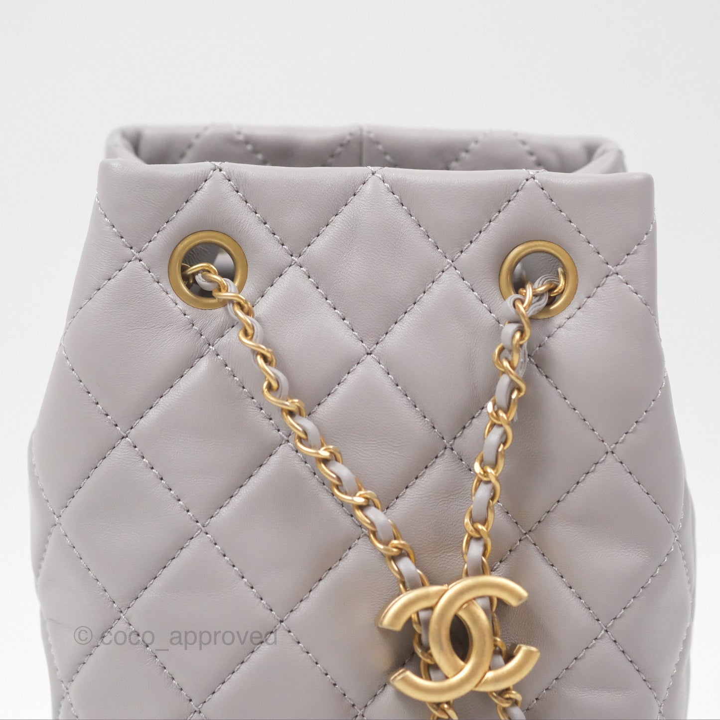 Chanel Pearl Crush Drawstring Bucket Bag Grey Lambskin Aged Gold Hardware