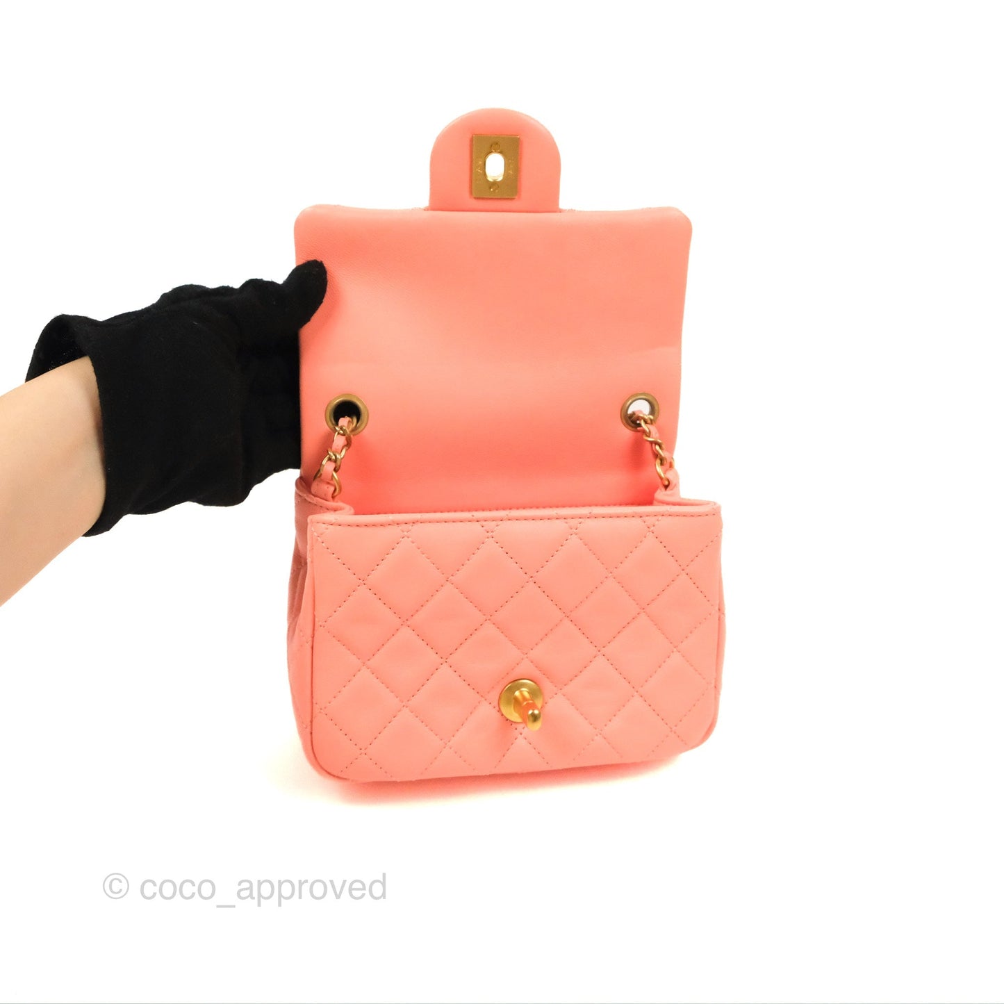 Chanel Pearl Crush Mini Square Quilted Pink Lambskin Aged Gold Hardware