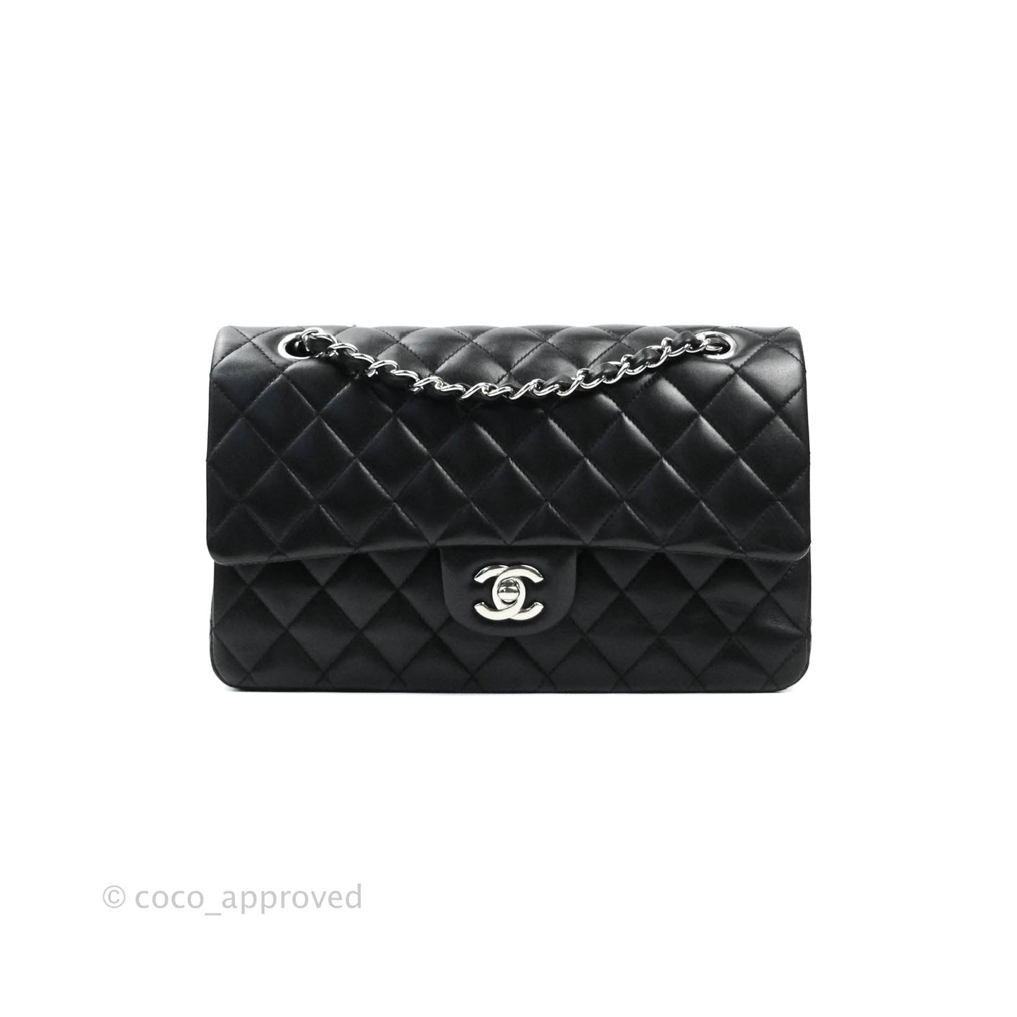 Chanel Classic M/L Medium Double Flap Black Lambskin Silver Hardware