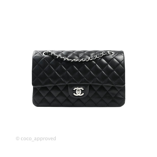 Chanel Classic M/L Medium Double Flap Black Lambskin Silver Hardware