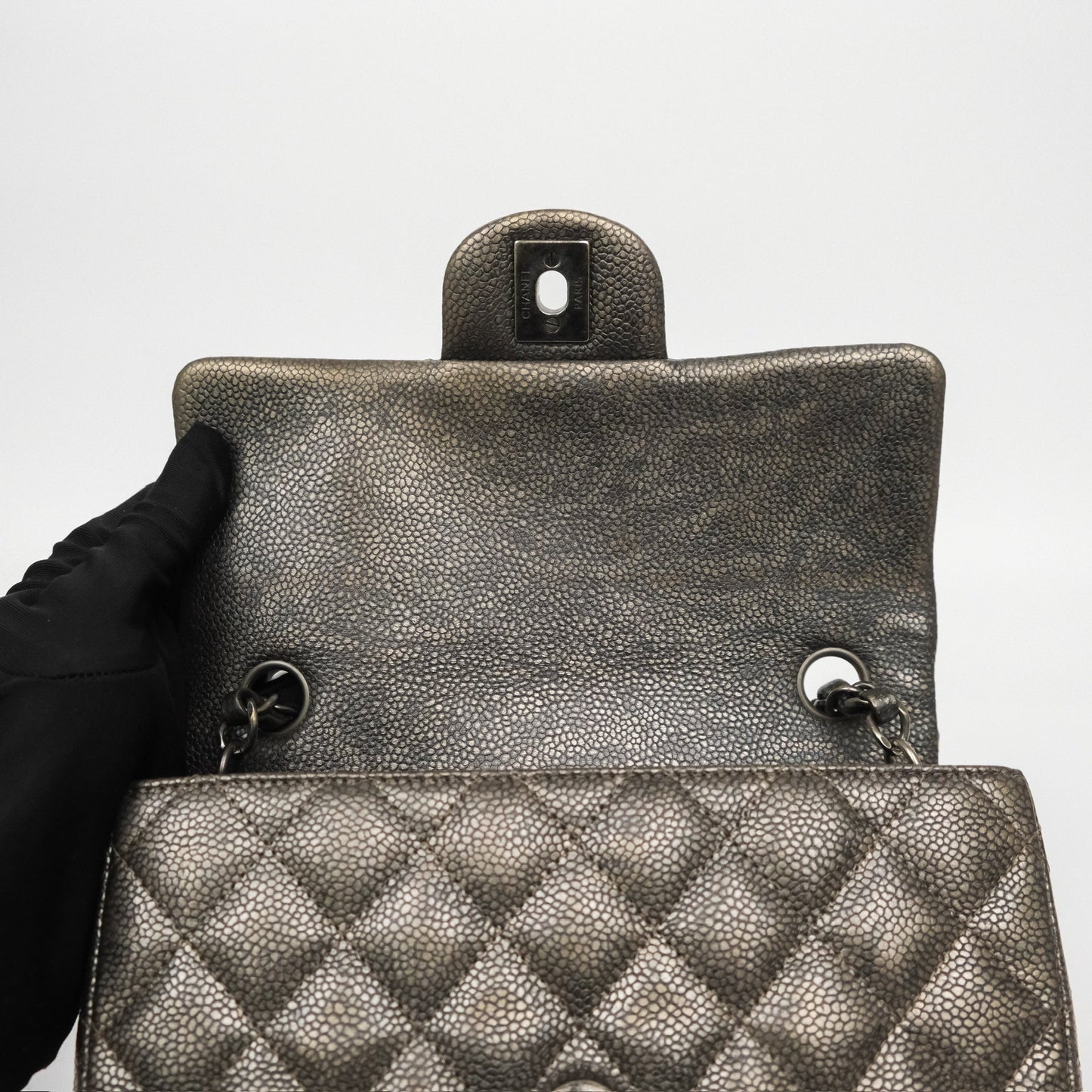Chanel Mini Rectangular Quilted Metallic Grey Caviar Ruthenium Hardware