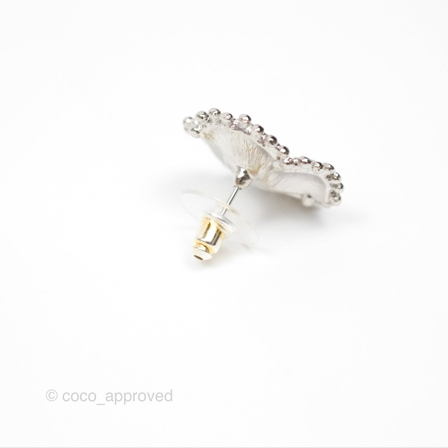 Chanel Camellia Pearl Black Earrings Silver Tone 23K