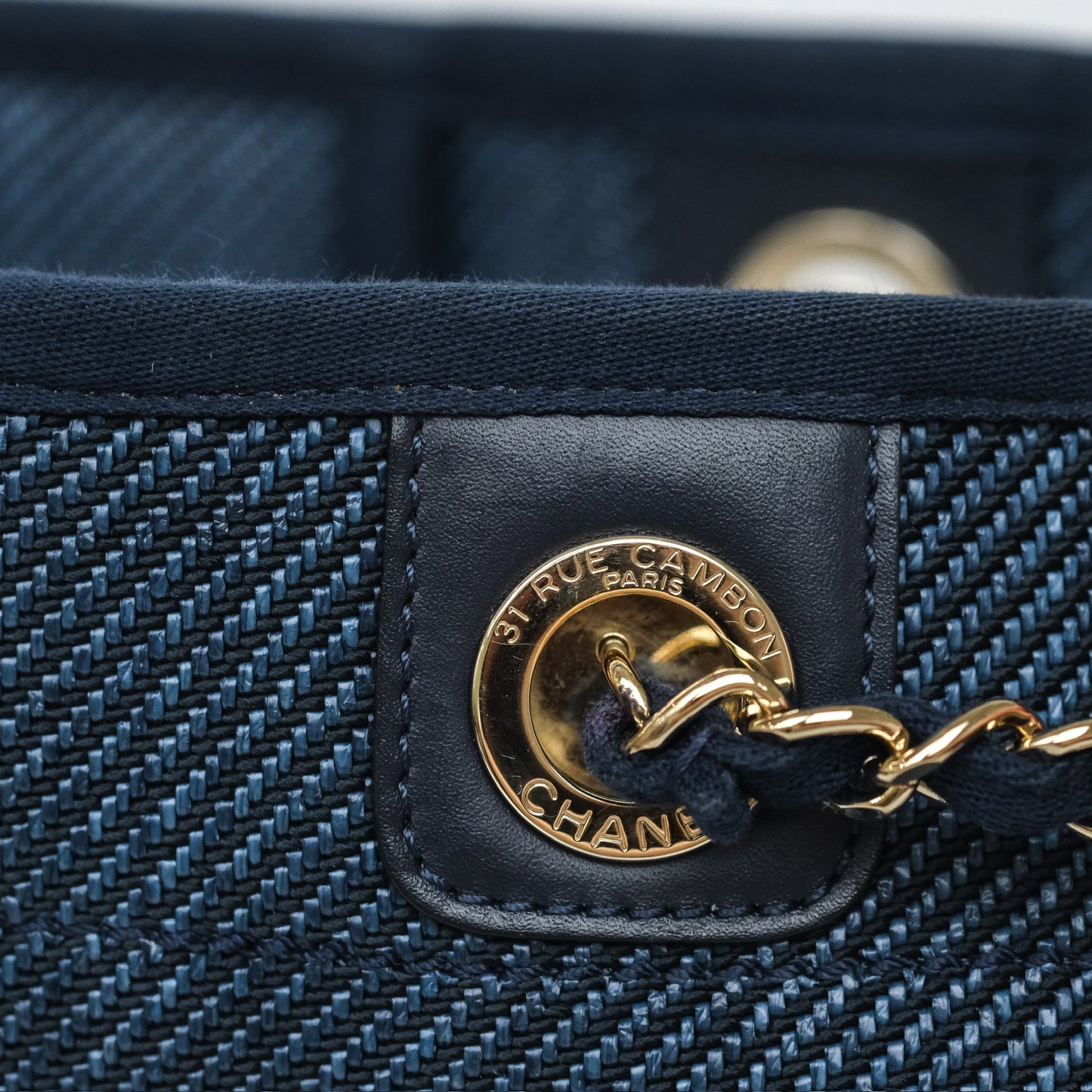 Chanel Medium Deauville Tote Navy Raffia Gold Hardware