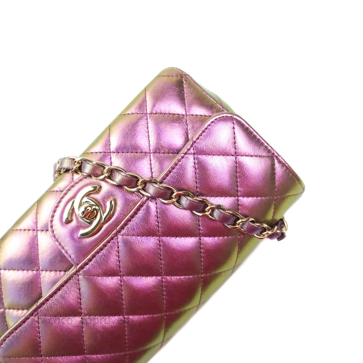 Chanel Classic Quilted Mini Rectangular Flap Metallic Purple Calfskin Gold Hardware
