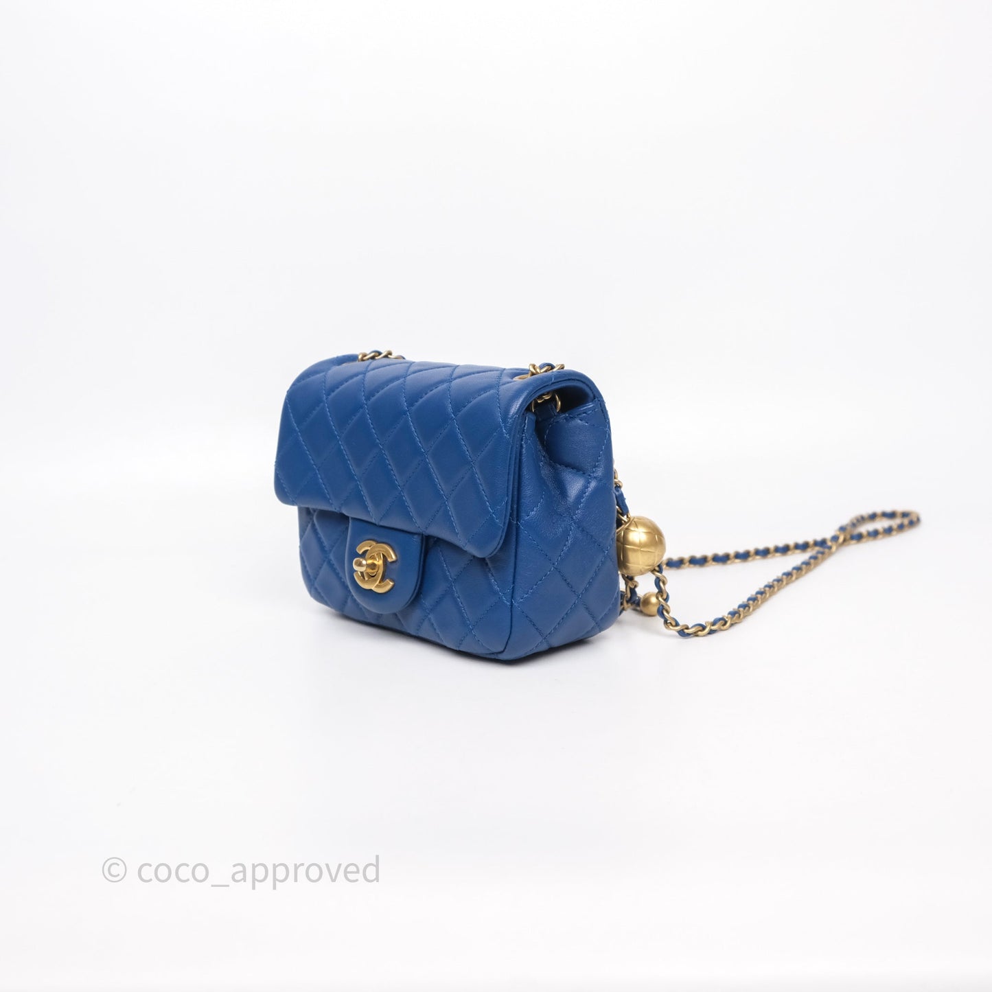Chanel Pearl Crush Mini Square Quilted Blue Lambskin Aged Gold Hardware