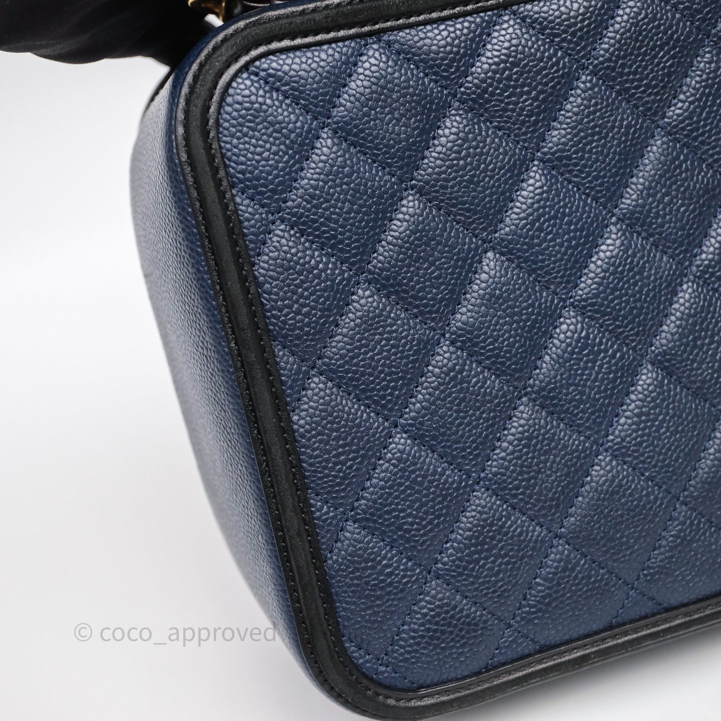 Chanel Quilted Large CC Filigree Vanity Case Navy Black Caviar Aged Gold Hardware