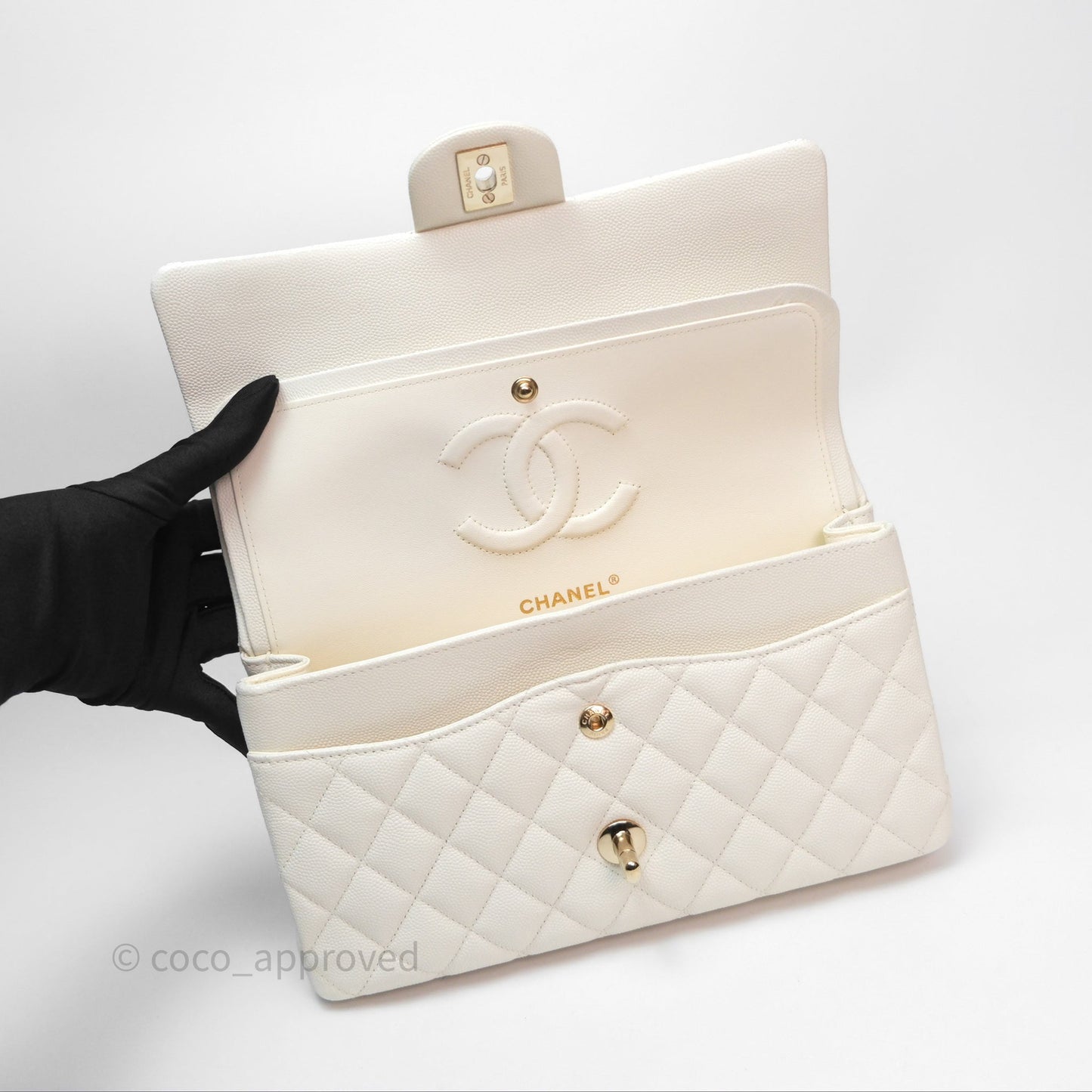 Chanel M/L Medium Classic Flap Quilted White Caviar Gold Hardware