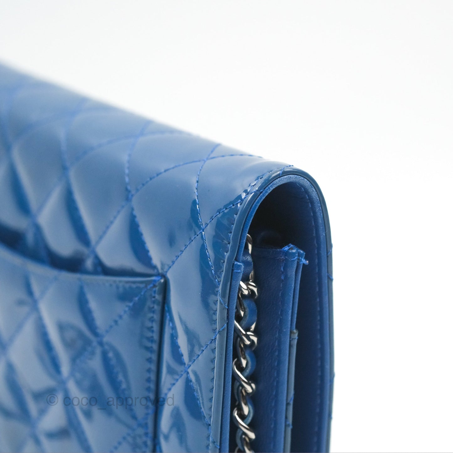 Chanel Quilted Classic Wallet on Chain WOC Blue Patent Silver Hardware
