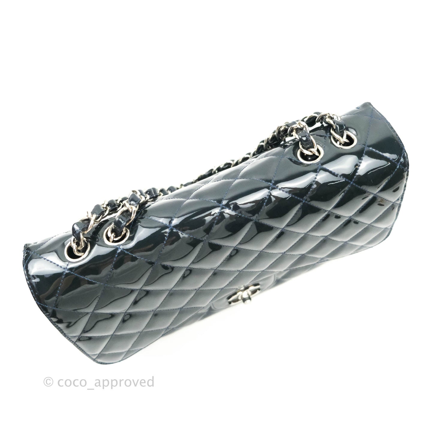 Chanel Jumbo Single Flap Teal Blue Patent Silver Hardware