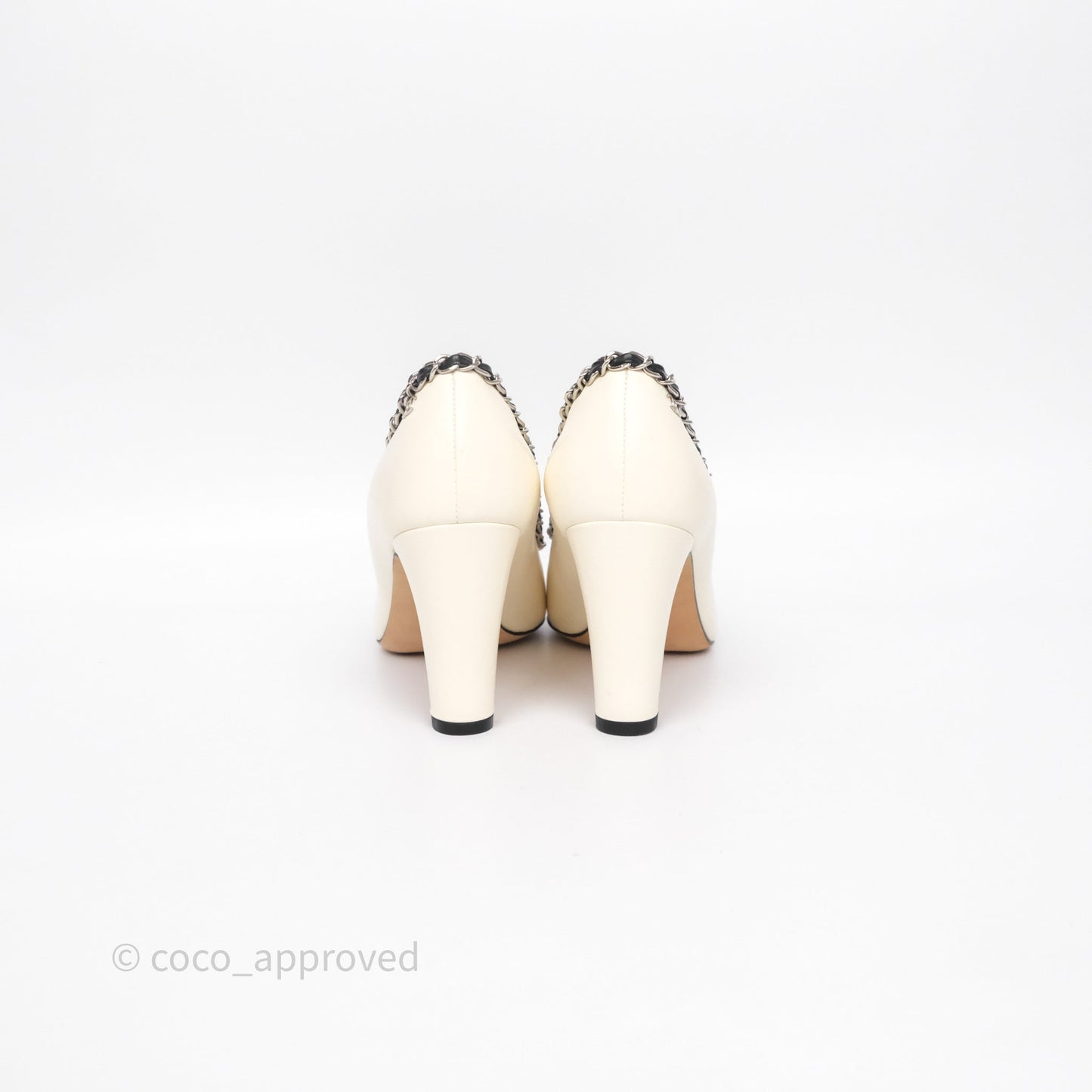 Chanel Classic Heels White With Black Leather Chain Size 36.5