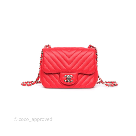 Chanel Mini Square Red Chevron Caviar Silver Hardware